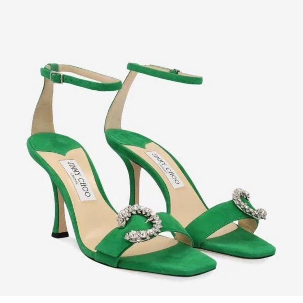 Jimmy Choo Green Suede Marsai Crystal Embellished Heels